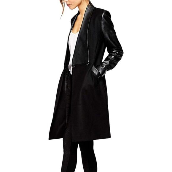 Women's Double Breasted Faux Leather Coat Lapel Jacket - Picture 4 of 6